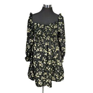 Hint of Blush Women's Floral Black Yellow Flower Long Sleeve Dress Size Medium